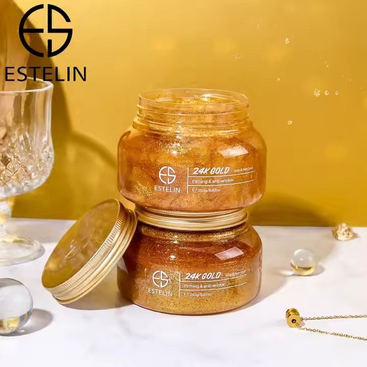 ESTELIN Exfoliante Facial y Corporal Reafirmante Antiarrugas con Oro Orgánico de 24K, 250g,